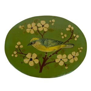 Vintage Hand Painted Trinket Box Green Oval Bird Floral Paper Mache Kashmir